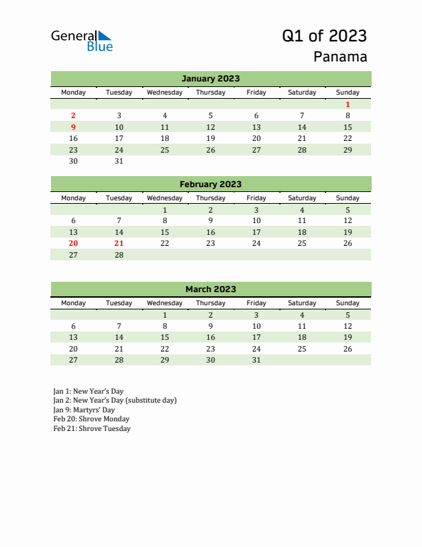 Quarterly Calendar 2023 with Panama Holidays