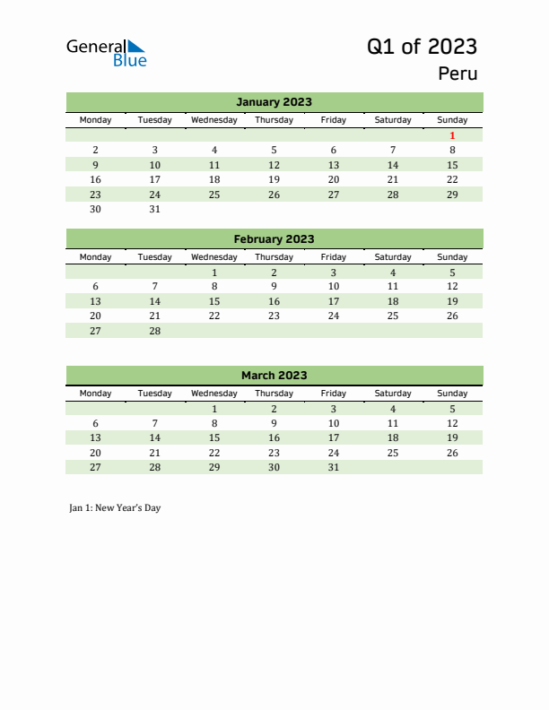 Quarterly Calendar 2023 with Peru Holidays