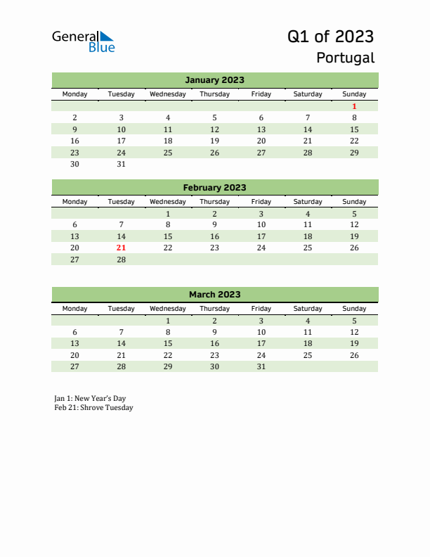 Quarterly Calendar 2023 with Portugal Holidays