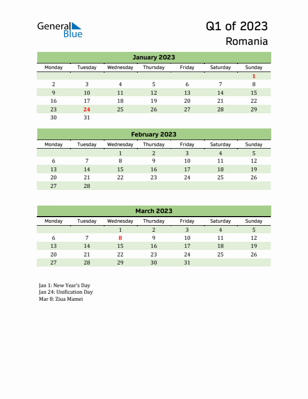 Quarterly Calendar 2023 with Romania Holidays