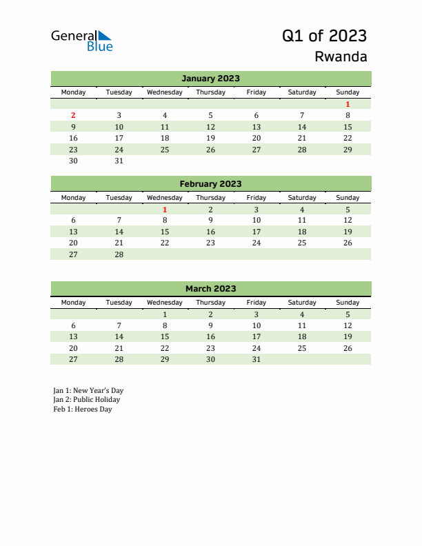 Quarterly Calendar 2023 with Rwanda Holidays