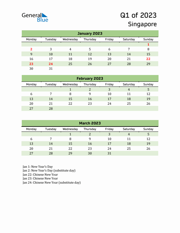 Quarterly Calendar 2023 with Singapore Holidays