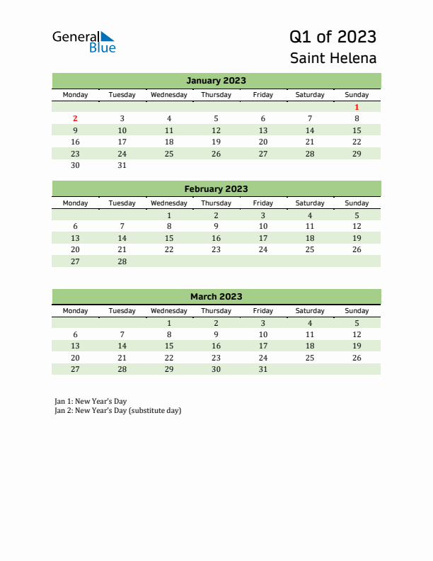 Quarterly Calendar 2023 with Saint Helena Holidays