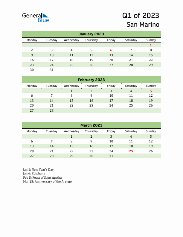 Quarterly Calendar 2023 with San Marino Holidays