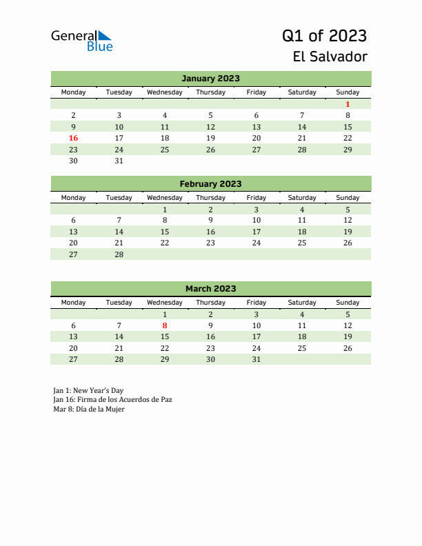 Quarterly Calendar 2023 with El Salvador Holidays