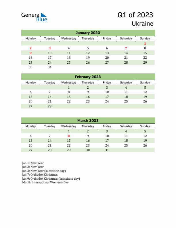 Quarterly Calendar 2023 with Ukraine Holidays