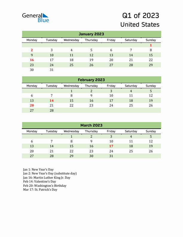 Quarterly Calendar 2023 with United States Holidays