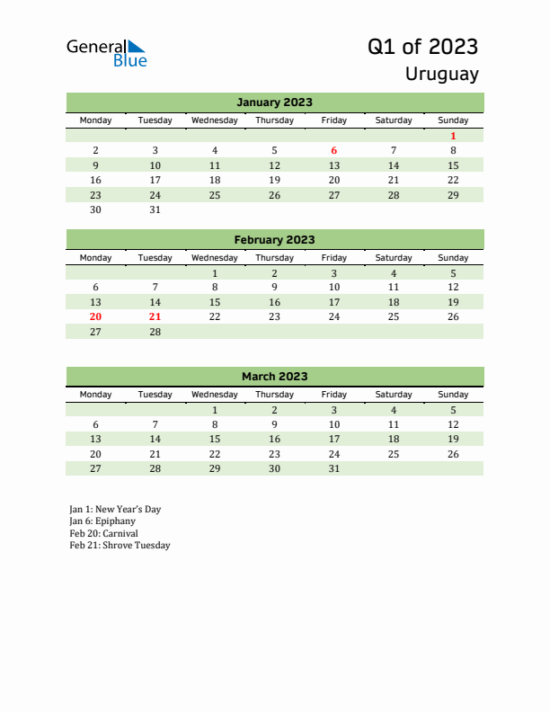 Quarterly Calendar 2023 with Uruguay Holidays