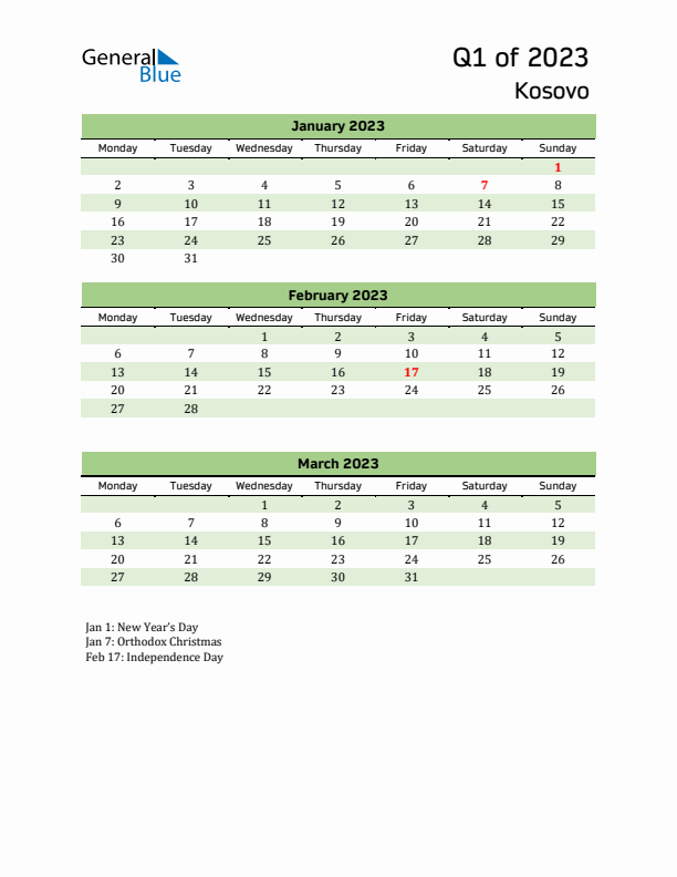 Quarterly Calendar 2023 with Kosovo Holidays