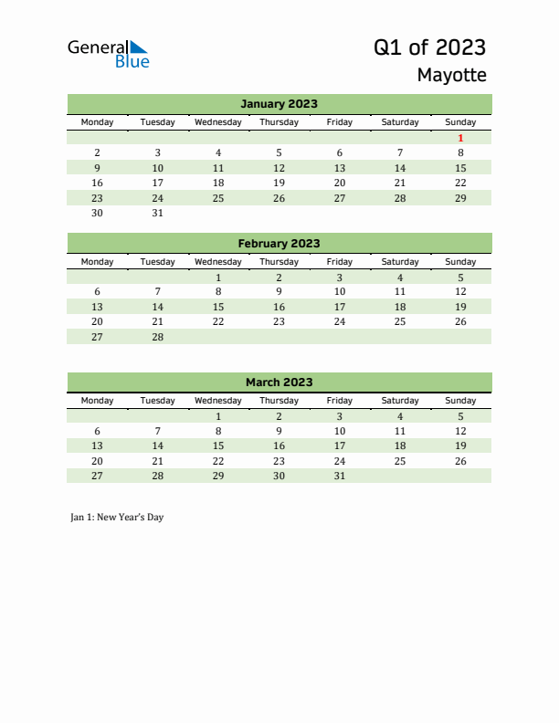 Quarterly Calendar 2023 with Mayotte Holidays