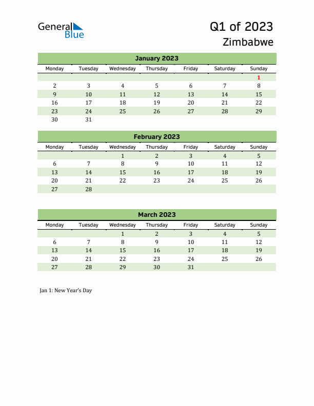 Quarterly Calendar 2023 with Zimbabwe Holidays