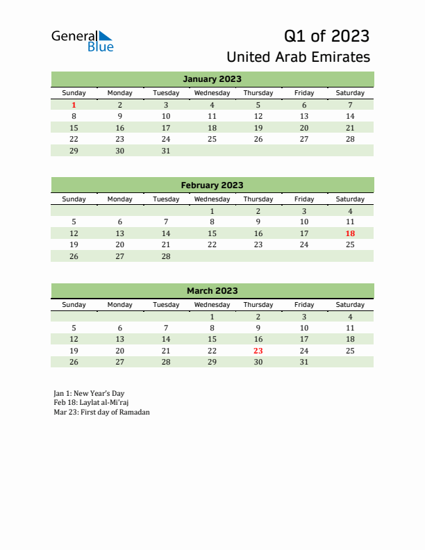 Quarterly Calendar 2023 with United Arab Emirates Holidays