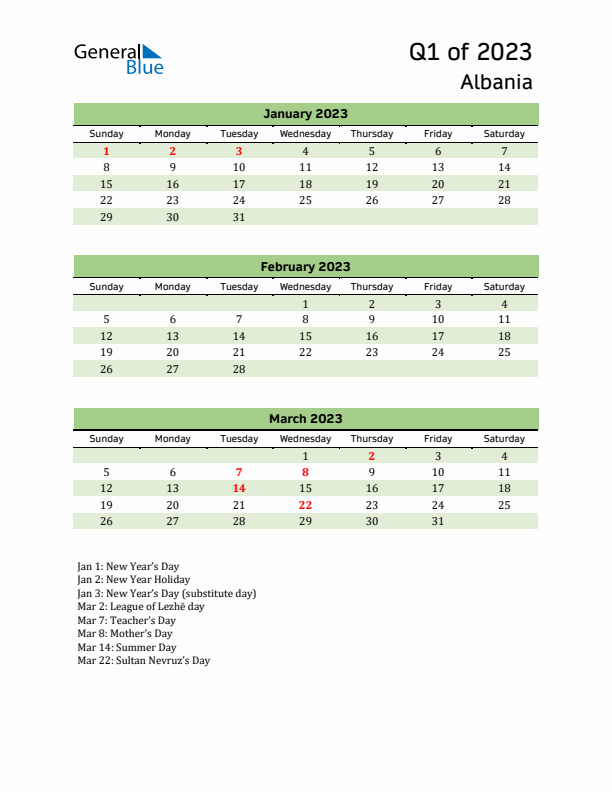 Quarterly Calendar 2023 with Albania Holidays