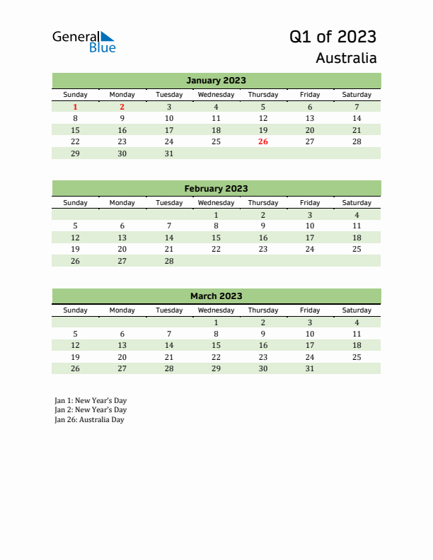 Quarterly Calendar 2023 with Australia Holidays