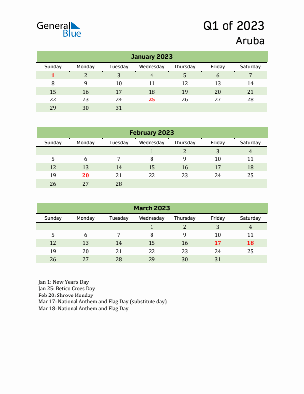 Quarterly Calendar 2023 with Aruba Holidays