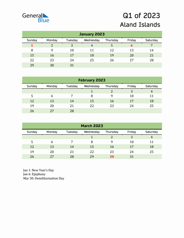 Quarterly Calendar 2023 with Aland Islands Holidays