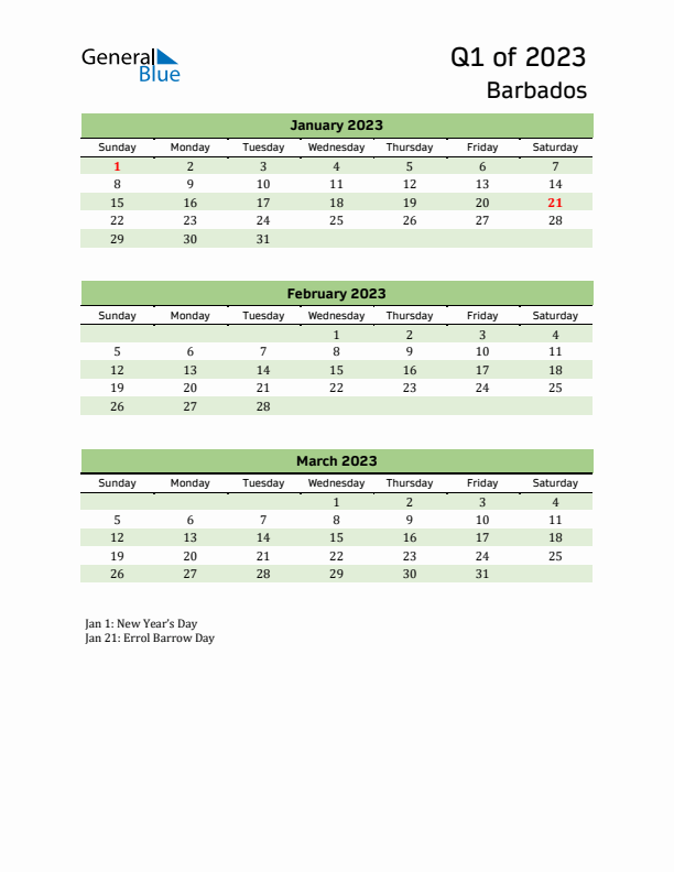 Quarterly Calendar 2023 with Barbados Holidays