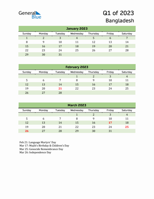 Quarterly Calendar 2023 with Bangladesh Holidays