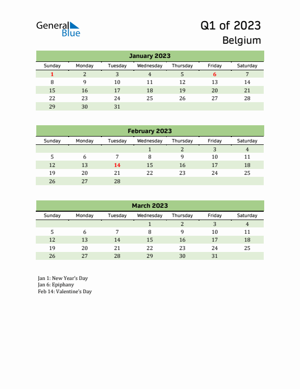 Quarterly Calendar 2023 with Belgium Holidays