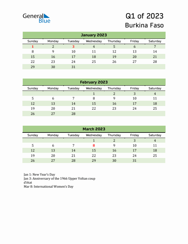 Quarterly Calendar 2023 with Burkina Faso Holidays