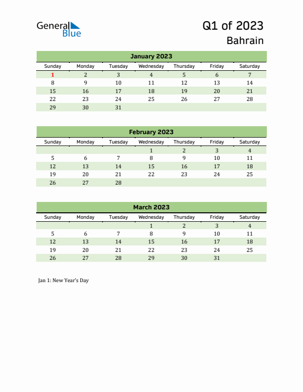 Quarterly Calendar 2023 with Bahrain Holidays