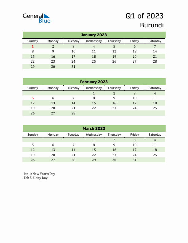 Quarterly Calendar 2023 with Burundi Holidays