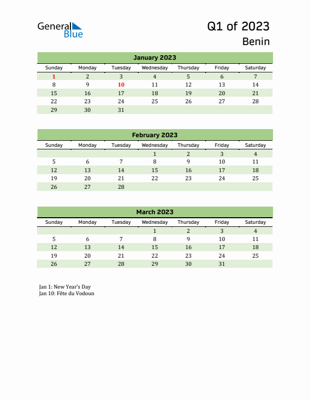 Quarterly Calendar 2023 with Benin Holidays