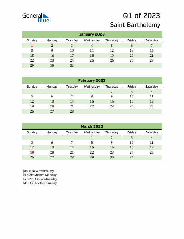 Quarterly Calendar 2023 with Saint Barthelemy Holidays