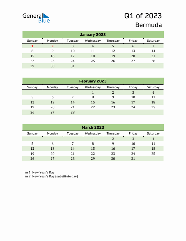 Quarterly Calendar 2023 with Bermuda Holidays