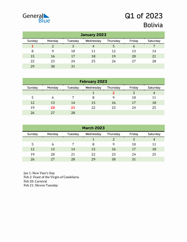 Quarterly Calendar 2023 with Bolivia Holidays