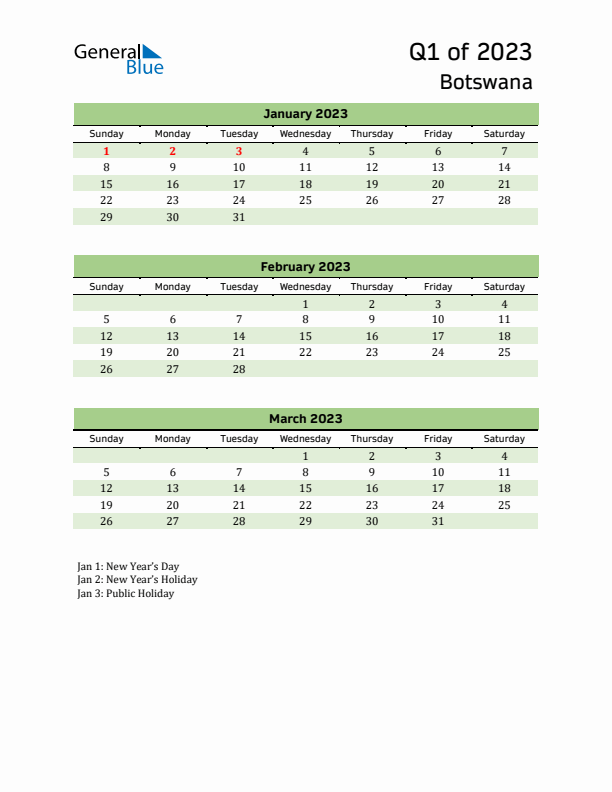 Quarterly Calendar 2023 with Botswana Holidays