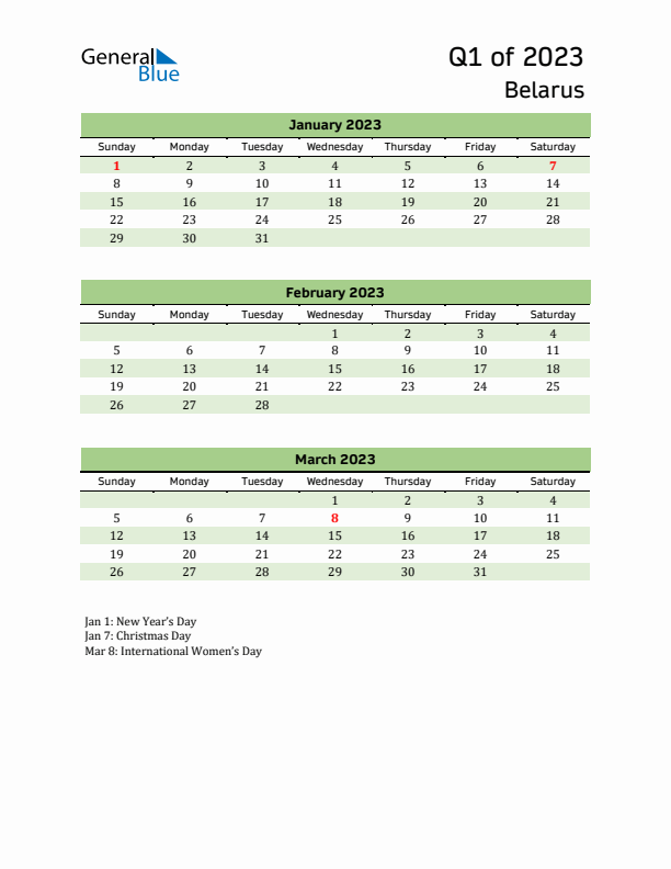 Quarterly Calendar 2023 with Belarus Holidays