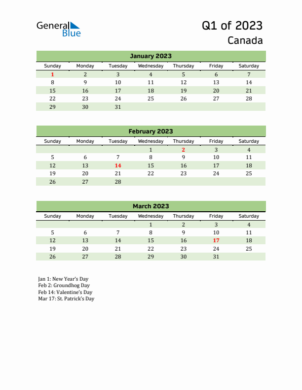 Quarterly Calendar 2023 with Canada Holidays