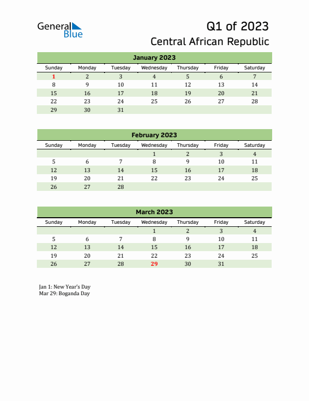 Quarterly Calendar 2023 with Central African Republic Holidays