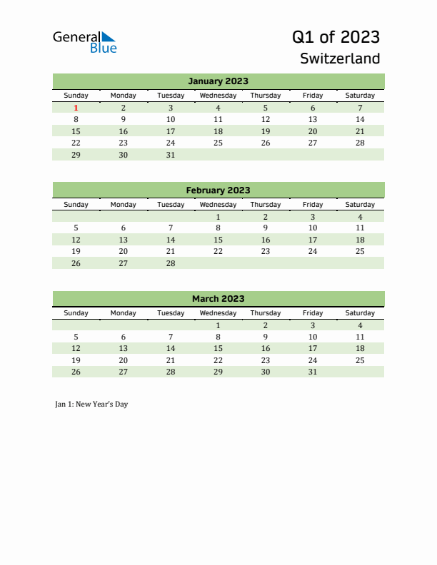 Quarterly Calendar 2023 with Switzerland Holidays