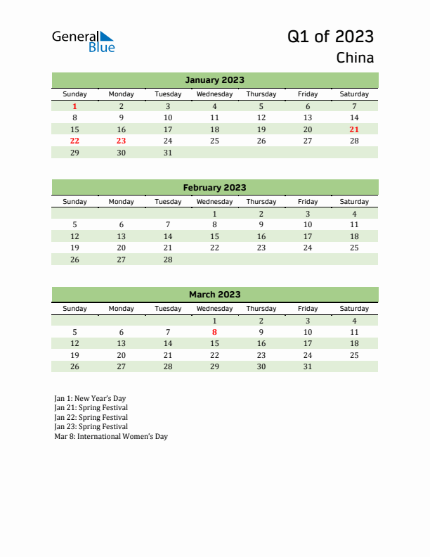 Quarterly Calendar 2023 with China Holidays