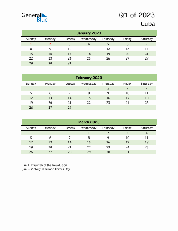 Quarterly Calendar 2023 with Cuba Holidays