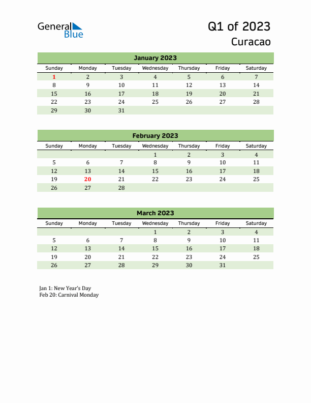 Quarterly Calendar 2023 with Curacao Holidays