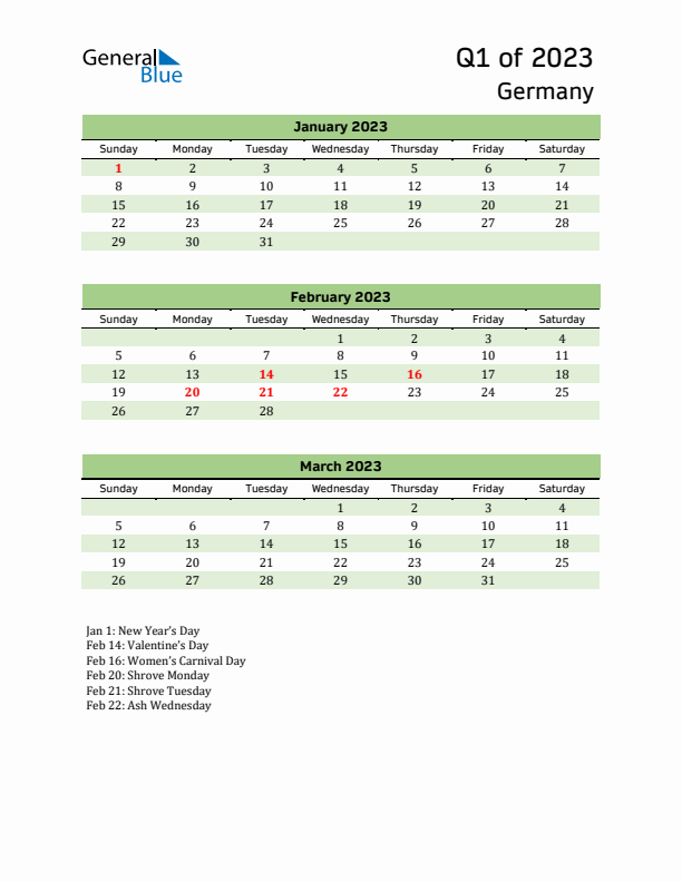 Quarterly Calendar 2023 with Germany Holidays