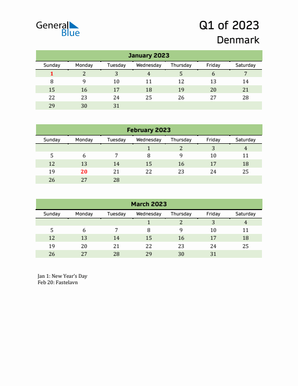 Quarterly Calendar 2023 with Denmark Holidays