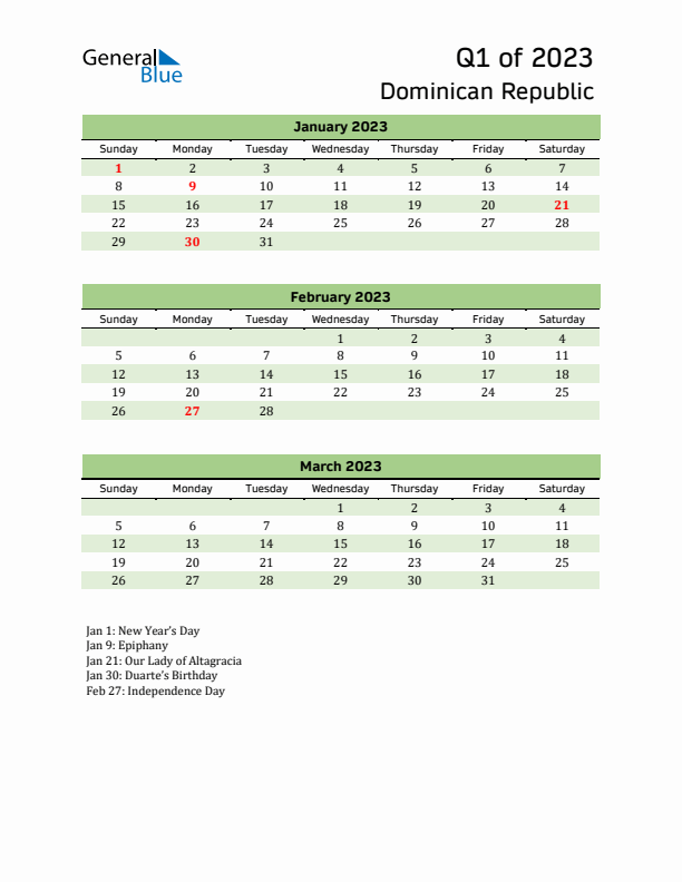 Quarterly Calendar 2023 with Dominican Republic Holidays