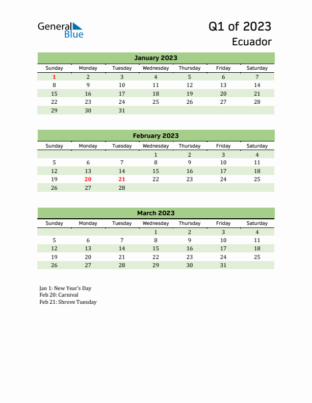 Quarterly Calendar 2023 with Ecuador Holidays