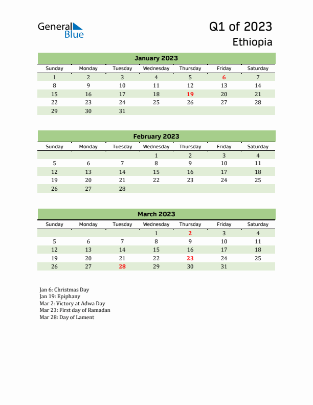 Quarterly Calendar 2023 with Ethiopia Holidays