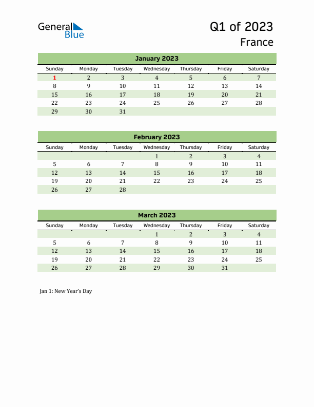 Quarterly Calendar 2023 with France Holidays