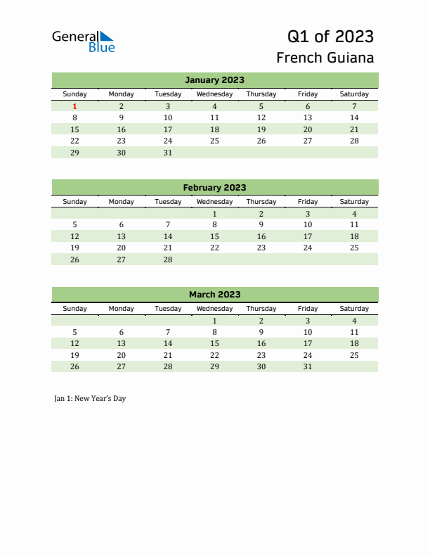 Quarterly Calendar 2023 with French Guiana Holidays