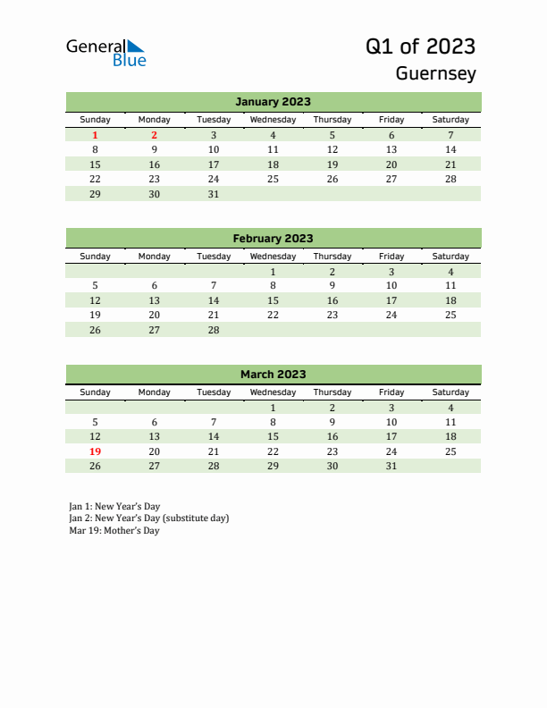 Quarterly Calendar 2023 with Guernsey Holidays