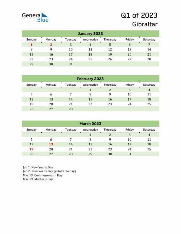 Quarterly Calendar 2023 with Gibraltar Holidays