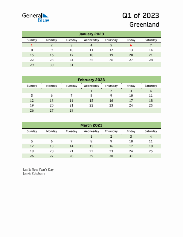 Quarterly Calendar 2023 with Greenland Holidays