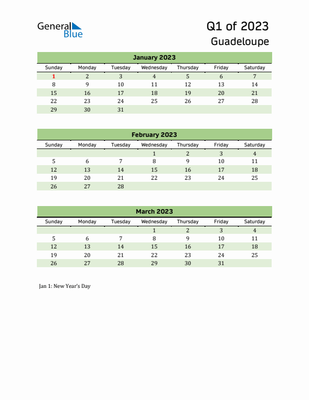 Quarterly Calendar 2023 with Guadeloupe Holidays