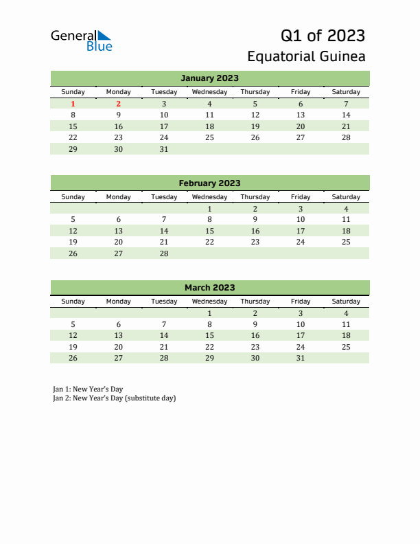 Quarterly Calendar 2023 with Equatorial Guinea Holidays